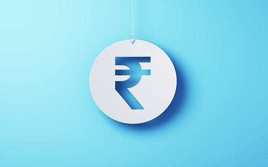 3d render White cut paper indian rupee Sign Hanging on a Rope on a Blue Soft background, It can be used for concepts such as economy, finance, trading, country economies (close-up)