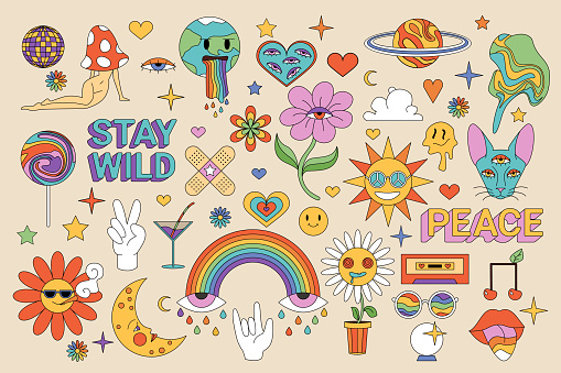 Hippie retro stickers set. Groovy characters, emoji and elements of funky hippy 70s style, psychedelic flower and mushroom, disco ball and rainbow mascots collection, cartoon vector illustration