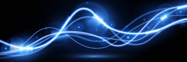 ilustraciones, imágenes clip art, dibujos animados e iconos de stock de vector de onda de rastro azul claro. líneas curvas suaves y brillantes. onda láser, efecto de luz brillante, rastro azul. - paper lantern flash