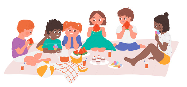 Kids eat picnic food, children friends spend fun time on picnic together in garden vector illustration. Cartoon happy boy girl child character holding watermelon slices, eating ice cream background