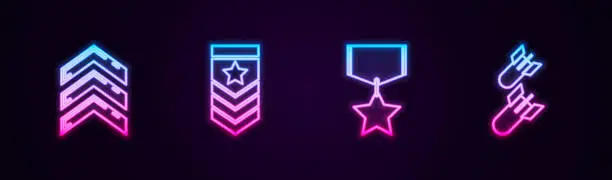 Vector illustration of Set line Military rank, Chevron, reward medal and Aviation bomb. Glowing neon icon. Vector