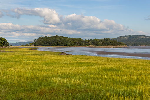 View over the salt marshes towards Morecombe Bay from Grange-over-Sands in Cumbria, England.