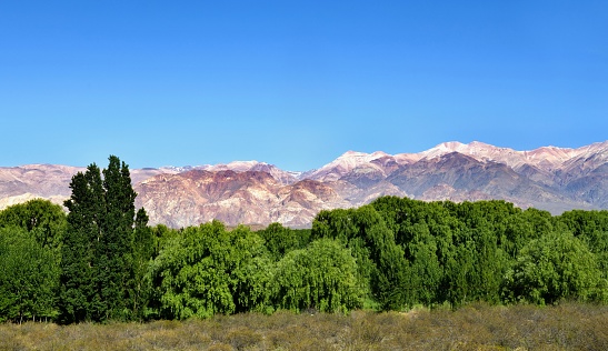 Mendoza, Argentina, November 15, 2019: View of the Argentinian Andes near to the town of Mendoza on a sunny day.
