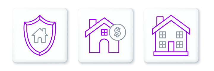 Set line Home symbol House with shield and dollar icon. Vector.