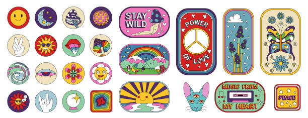 istock Groovy psychedelic stickers set, retro funky patches of different geometric shapes 1892527123