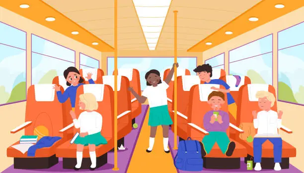 Vector illustration of School bus with kids inside, public transport interior for road travel of children
