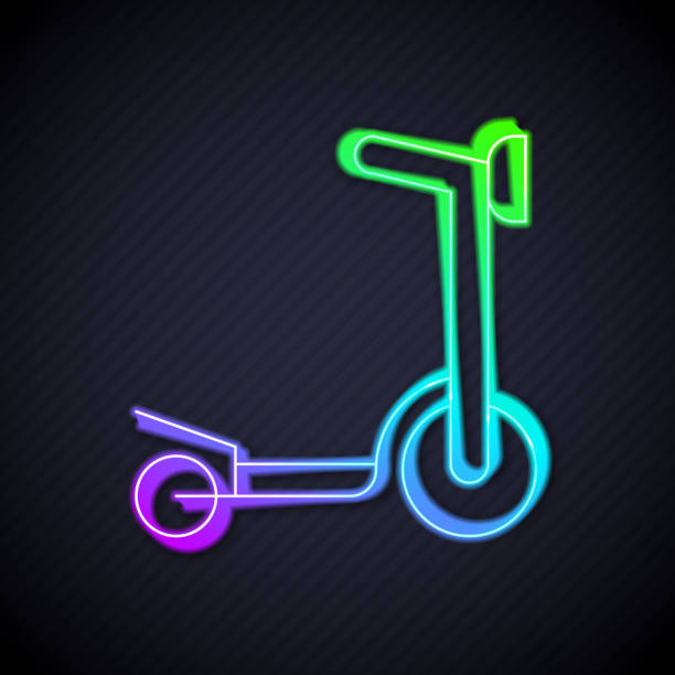 illustrazioni stock, clip art, cartoni animati e icone di tendenza di incandescente linea al neon roller scooter per bambini icona isolata su sfondo nero. kick scooter o balance bike. vettore - motorcycle motor scooter silhouette off road vehicle