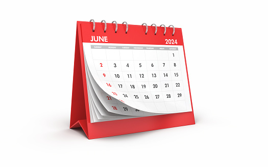 3d render June 2024 Desktop Calendar, Object + Shadow Clipping Path, Can be used for reminder day, special day concept (Close-Up)