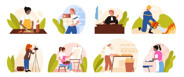 Vector illustration of Different professions set, Labor day scenes from workplace of professional woman