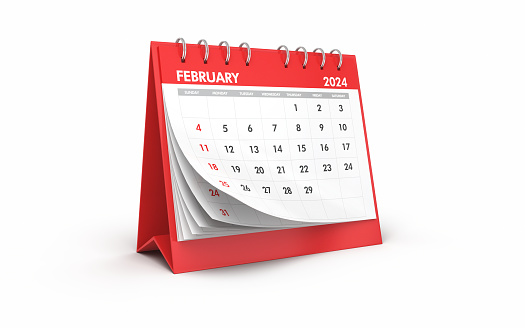 3d render February 2024 Desktop Calendar, Object + Shadow Clipping Path, Can be used for reminder day, special day concept (Close-Up)