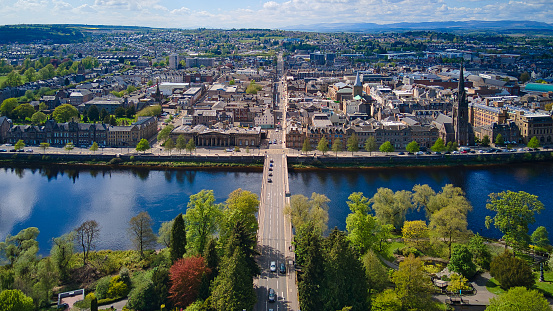 Aerial shot of the Tay River Road Bridge and the city of Perth.