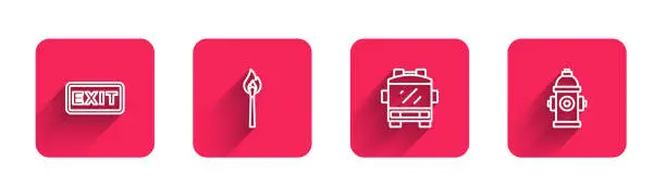 Vector illustration of Set line Fire exit, Burning match with fire, truck and hydrant with long shadow. Red square button. Vector