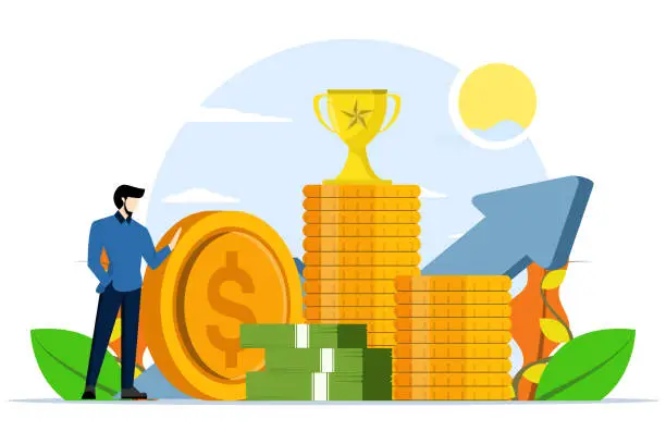 Vector illustration of Financial growth concept. Young businessman holding big money, steps to grow money saving growth. Financial goals, wealth management and investment plans to achieve targets. flat vector illustration.