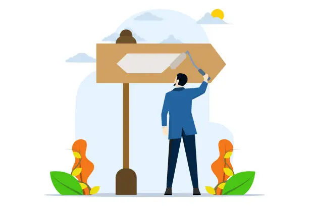 Vector illustration of Career path concept, businessman drawing counterclockwise arrow on arrow head. opposing directions, conflict or reversal, hesitation in business decisions to turn into better opportunities.