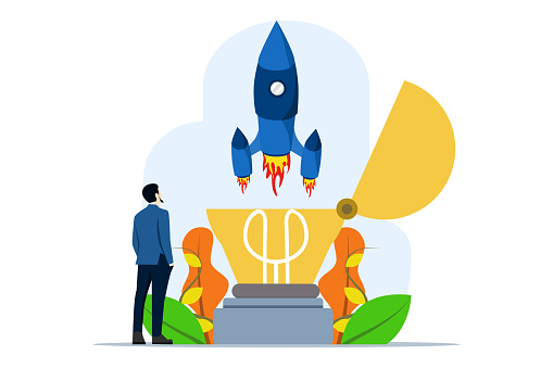 creativity concept for starting a business or breakthrough idea. A high-flying innovative rocket launch from a bright light bulb idea. entrepreneurship or startup, Innovation to launch new ideas.