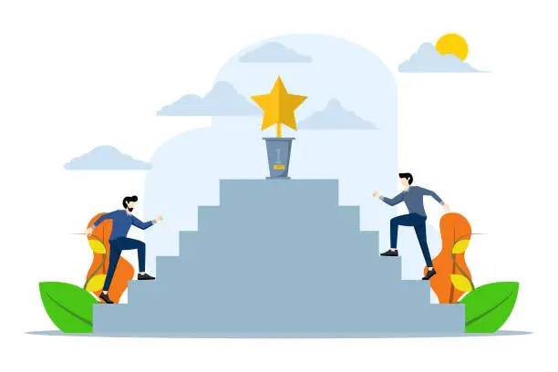 Vector illustration of Business people compete for business trophies. Businessman is climbing the career ladder. Overcome difficulties and achieve goals. Businessman climbing the ladder to reach the target. Awards ceremony.
