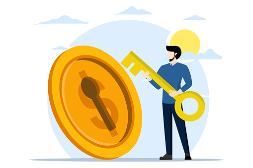 Key concepts for financial success. smart businessman investor holding big golden key to open coin keyhole, unlock secret reward for investment opportunities, wealth solutions to make money and profit.
