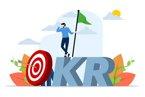 OKR concept, goal and key results framework to measure success and improvement, entrepreneur with victory flag on target with OKR work. determine measurable targets for the business.