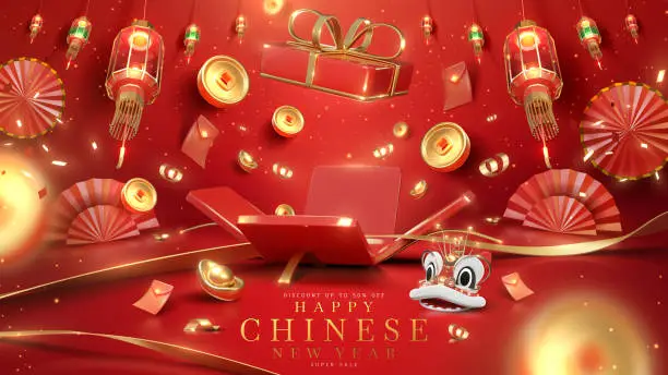 Vector illustration of Red luxury background with open gift box and 3d realistic chinese new year ornaments and gold ribbon elements with glitter light effects decorations and bokeh.