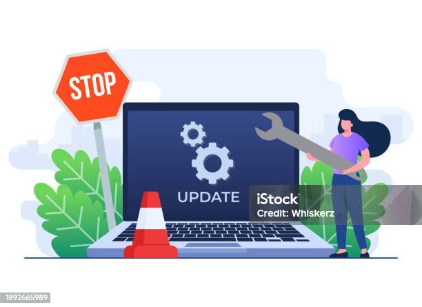 Laptop Computer With Software Update Screen Flat Vector Illustration ...