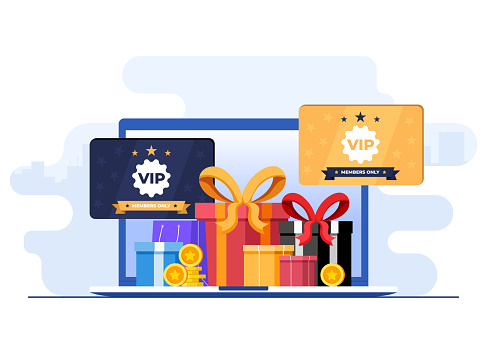 Flat-style vector illustration of Online loyalty program bonus card concept, Earn points and gold coins, Bonus cashback income, Reward points concept for website banner, online advertisement, marketing material, business presentation, poster, landing page, and infographic