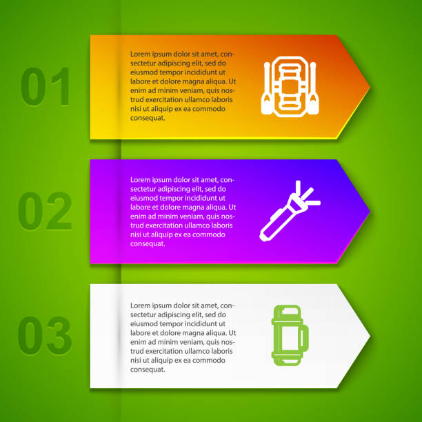 ilustrações de stock, clip art, desenhos animados e ícones de set line rafting boat, flashlight, thermos container and . business infographic template. vector - inflatable raft flash