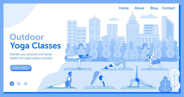 Vector illustration of People Practicing Yoga in Open Air City Park