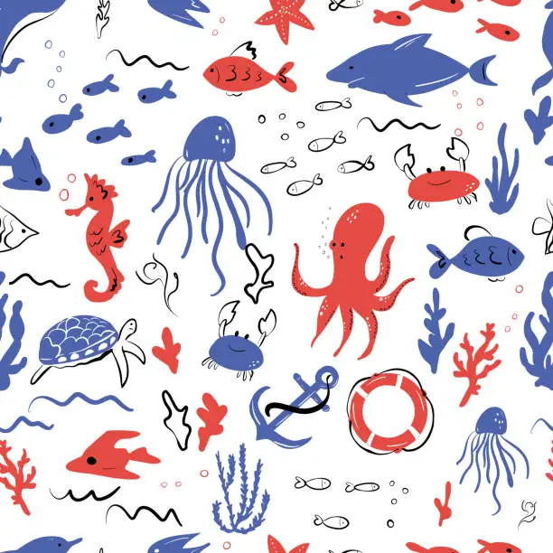 Vector illustration of Cute seamless pattern on the theme of marine animals.