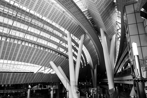 Interior of a modern train station in Hong Kong. This black and white photo was taken in 2023 and focuses on the intricate curves and lines throughout the buildings infrastructure. The bright natural light brings out the curves as it pours in through the large side window of the station.