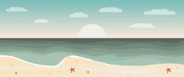 Vector illustration of Vector summer illustration. Tropical landscape. Ocean coast, sandy beach shore with seashells.