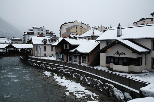 Chamonix, France - December 9, 2022. December snowfall  in Chamonix Centre-ville, French alps resort, Haute Savoie , France.