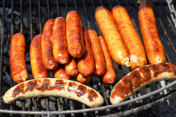 tasty thuringian sausages on a charcoal grill