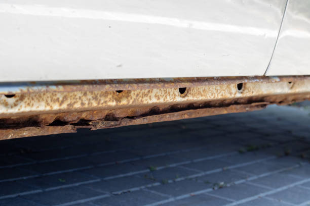 Rotten sills of an old gray car close up