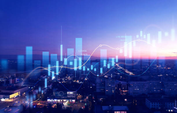 big data chart on city backdrop.trade technology, and investment analysis.business development, financial plan and strategy. - pronosticar fotografías e imágenes de stock