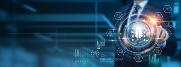 istock Machine Learning Revolutionizes, Innovative Businessman Pointing Icon with Precision Accuracy, Strategies for Sustainable Development in the Digital Age within the vast global network. 1892806240