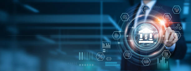 Online banking revolution, innovative Businessman pointing icon with digital technologies, Strategies for financial development in the ever-evolving online banking sector, global network integration.