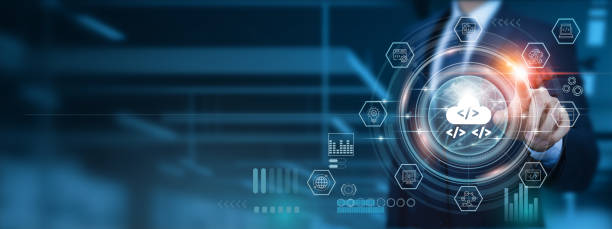istock Software Development: Innovative, Successful, Businessman points to an icon with Vision and Implementation, Strategies for Growth Development in the Digital Era's Expansive and Dynamic Global Network. 1892806756