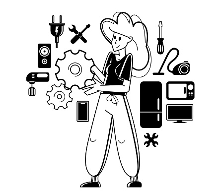 Technician engineer repairing household appliances, woman repairer service vector outline illustration, engineer fixing and upgrading different technics.