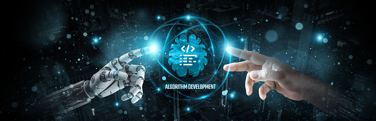 Algorithm development, Hands of robot and human touch on artificial neural network, Brain data integration in machine learning, robotics and quantum computing technology, innovation for algorithmic.