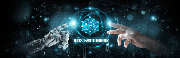 istock Blockchain technology, Hands of robot and human touch on decentralized network, Brain data secured in immutable ledgers, connectivity, and data integrity through blockchain technology. 1892817630