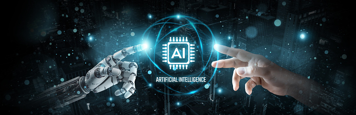 Artificial Intelligence, hands-on of robot and human touch on ai-powered networks, brain data processing in AI systems, machine learning and advanced AI technology, innovation for AI.
