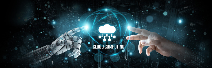Cloud computing, Hands of robot and human touch on cloud-based network, Brain data processing in the cloud, Cloud computing and artificial intelligence technology, innovation for seamless connectivity