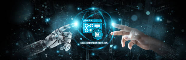 istock Content management systems (CMS), hands of robot and human touch on digital content networks, brain data integration in content creation systems, innovation for efficient content management. 1892817670