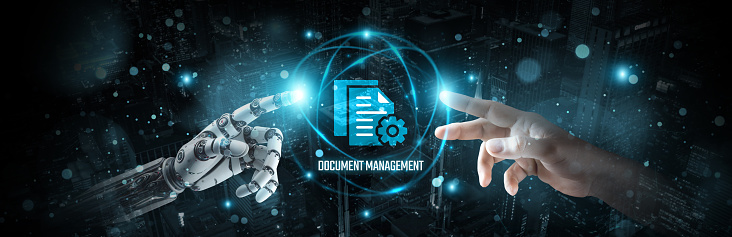Document management, hands-on robot and human touch on the digital network, brain data stored in cloud servers, utilizing AI and blockchain technology, and innovation for efficient organization.