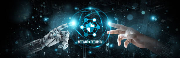 istock Ensuring network security, the hands of robot and human touch on secure data networks, brain data encryption in the cybersecurity landscape, and innovation for robust network security. 1892819276