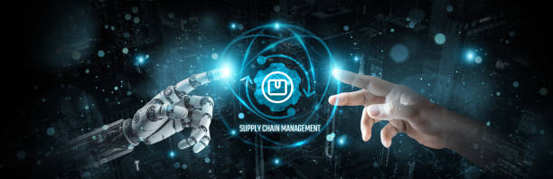 istock Supply Chain Management, Hands of robot and human touch on logistics network, Brain data optimization in inventory management and innovation for seamless supply chain operations 1892820322