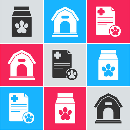 Set Bag of food for pet, Dog house and Clipboard with medical clinical record pet icon. Vector