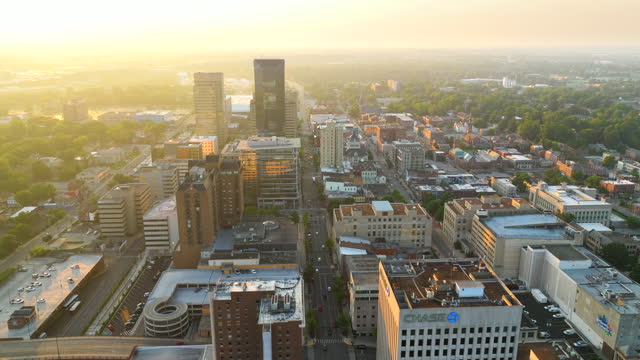 Downtown district of Lexington in Kentucky, USA with high office buildings at sunset. American travel destination.