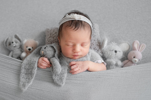 Newborn Girl Sleeps Under Blanket With Toys During Baby Photoshoot In Studio