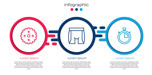 Set line Bicycle sprocket crank, Cycling shorts and Stopwatch. Business infographic template. Vector.